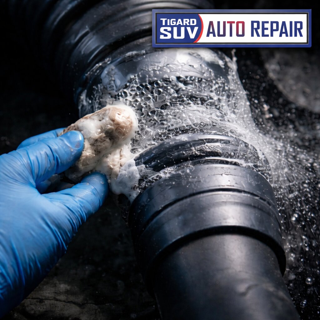 Mechanic inspecting an air suspension leak on a Tesla Model X at Tigard SUV Auto Repair, with bubbles forming around a cracked rubber strut.
