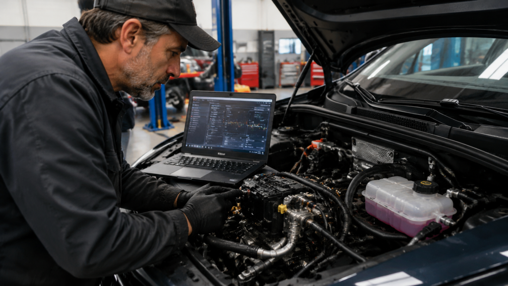 Technician diagnosing Tesla Model Y Octovalve failure during Tigard spring temperature swings, showing glycol coolant flow disruption and thermal system imbalance