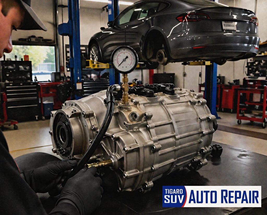 A Tesla drive unit being tested in Tigard SUV and Auto Repair, with a pressure gauge attached to it while a technician in gloves works on the part.