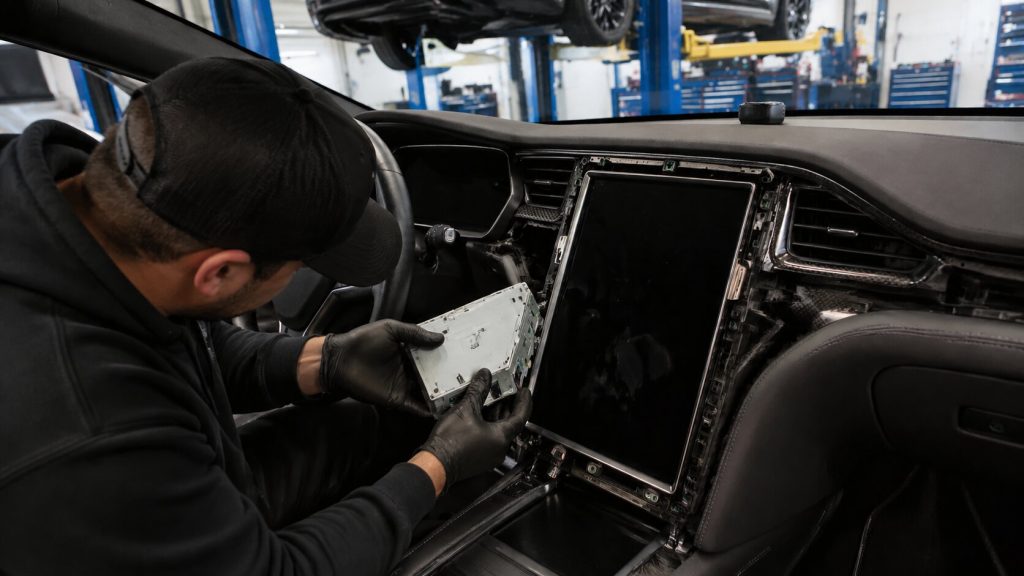 A technician working inside a Tesla Model S, replacing the infotainment system in Tigard SUV and Auto Repair.