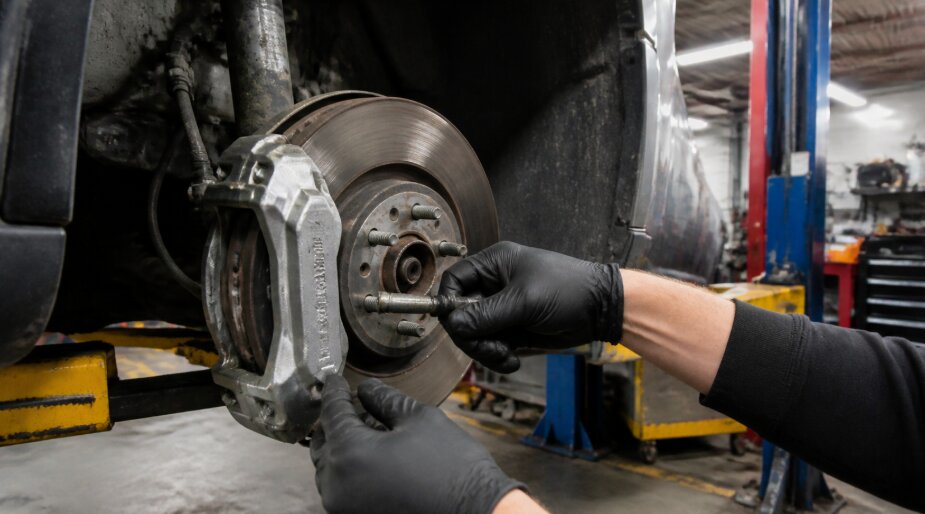 A mechanic working on a Tesla brake caliper in Tigard SUV and Auto Repair, focusing on the slider pins and rotor, illuminated by overhead lights.