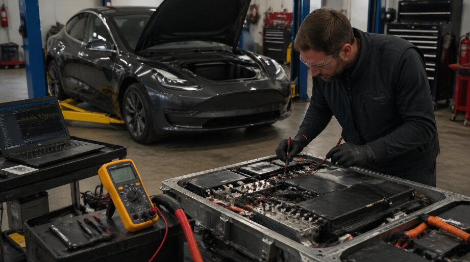 A technician in safety gear working on a Tesla battery pack in Tigard SUV and Auto Repair, using diagnostic tools to perform high-voltage safety checks.