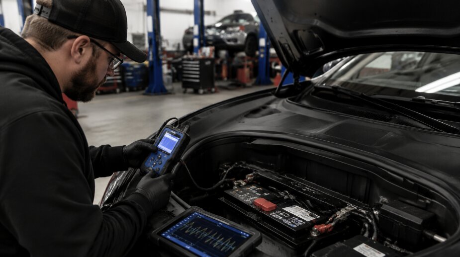 A technician working inside Tigard SUV and Auto Repair, diagnosing the 12V battery of a Tesla vehicle with a diagnostic device.