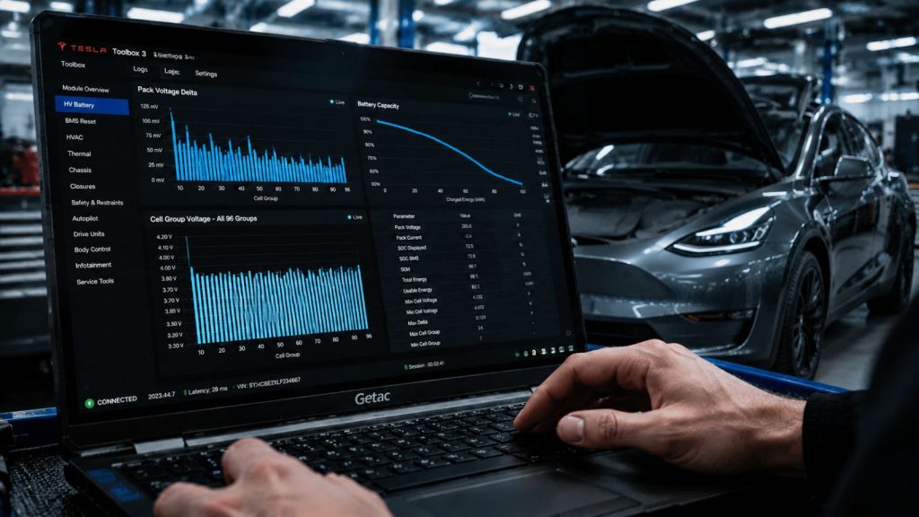 Tesla Model Y high-voltage battery telemetry showing voltage delta and cell group voltages on diagnostic lapto