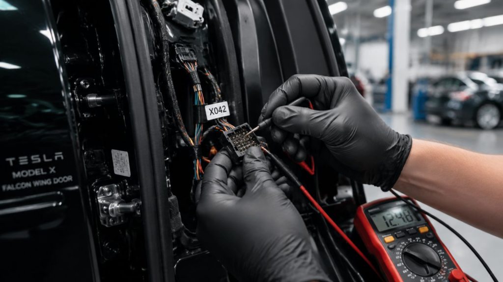 Technician testing Tesla Model X Falcon Wing Door wiring with multimeter