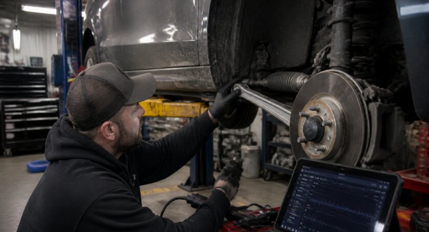 A mechanic inspects a Tesla’s steering system inside Tigard SUV and Auto Repair, focusing on suspension components while using a diagnostic laptop to ensure proper alignment.

