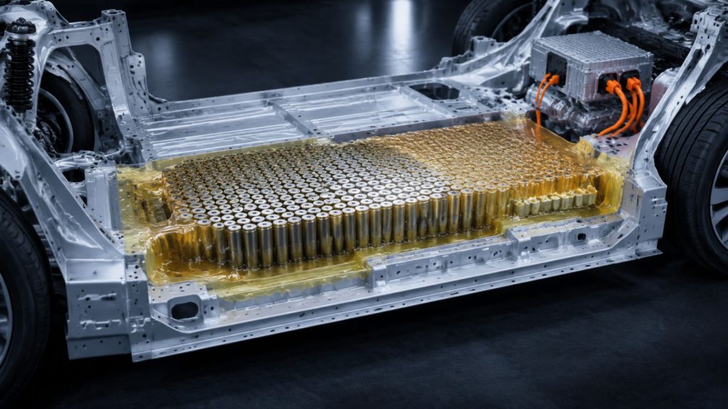 A cross-section of a Tesla 4680 structural battery pack, showing cylindrical battery cells embedded directly into the vehicle's metal chassis floor with high-strength industrial resin.