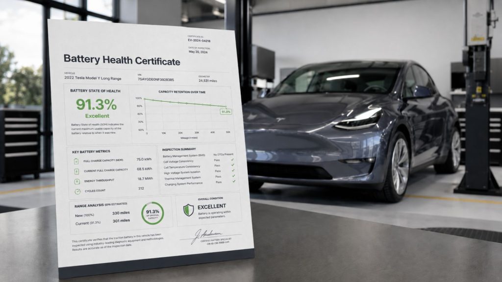 A printed Tesla Battery Health Certificate on a workshop table with a blurred Tesla Model Y in the background, symbolizing verified EV resale value.