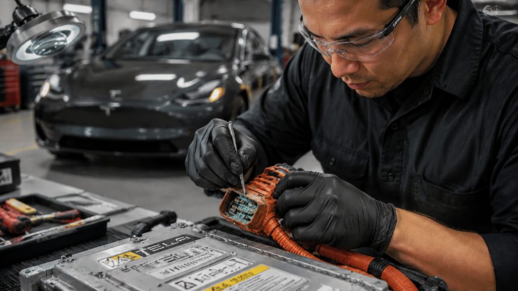 A technician performing a surgical module-level repair on a Tesla high-voltage battery connector in a professional auto shop, focusing on fixing electrical oxidation.