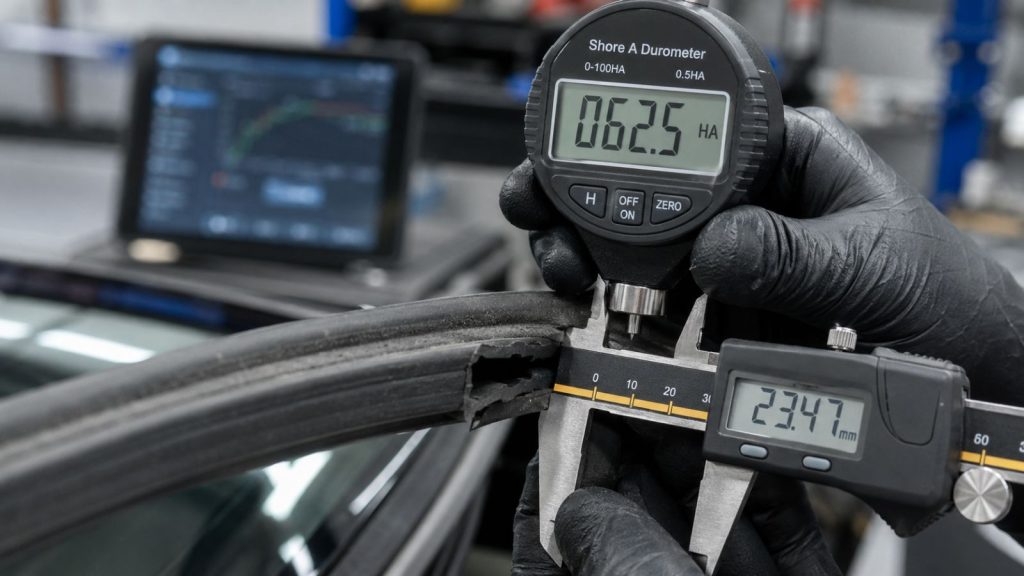 Professional technician performing a precision diagnostic test on a Tesla window weather seal using a digital durometer and caliper in a Tigard auto service bay.