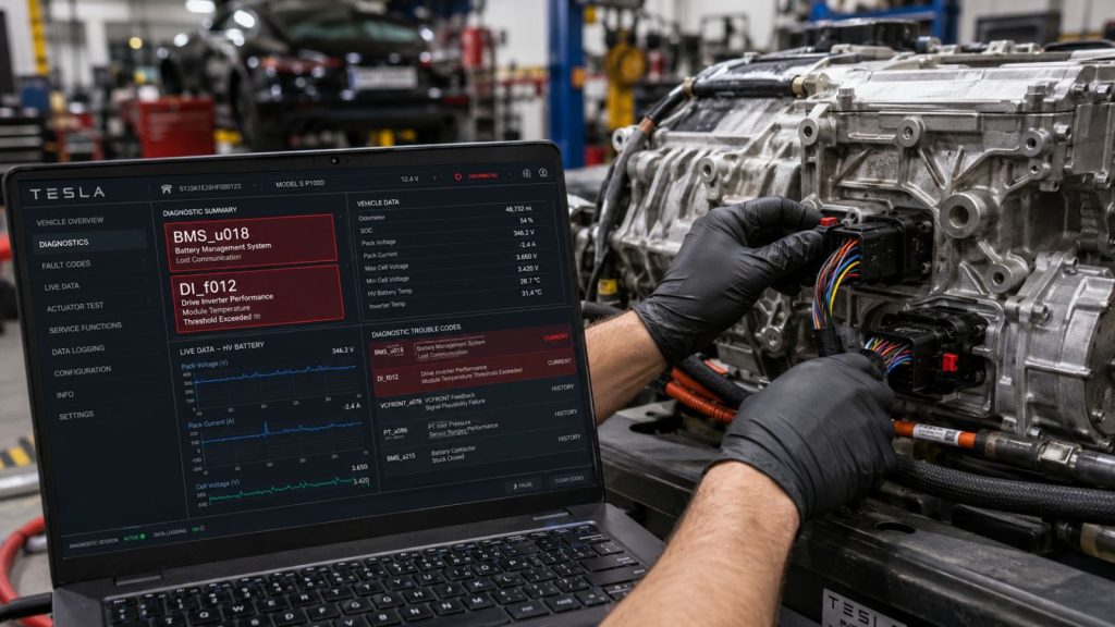 Automotive technician performing precision diagnostics on a Tesla Model 3 drive unit using a specialized breakout harness and laptop to identify BMS_u018 and DI_f012 error codes.