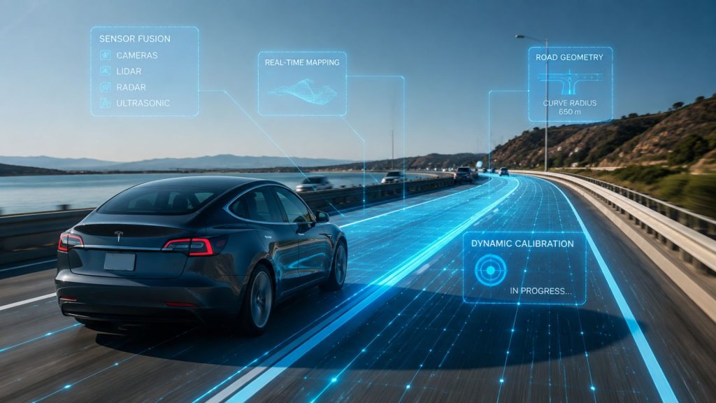 A modern Tesla driving on a well-marked highway with a digital holographic overlay visualizing the vehicle's ADAS dynamic calibration process.