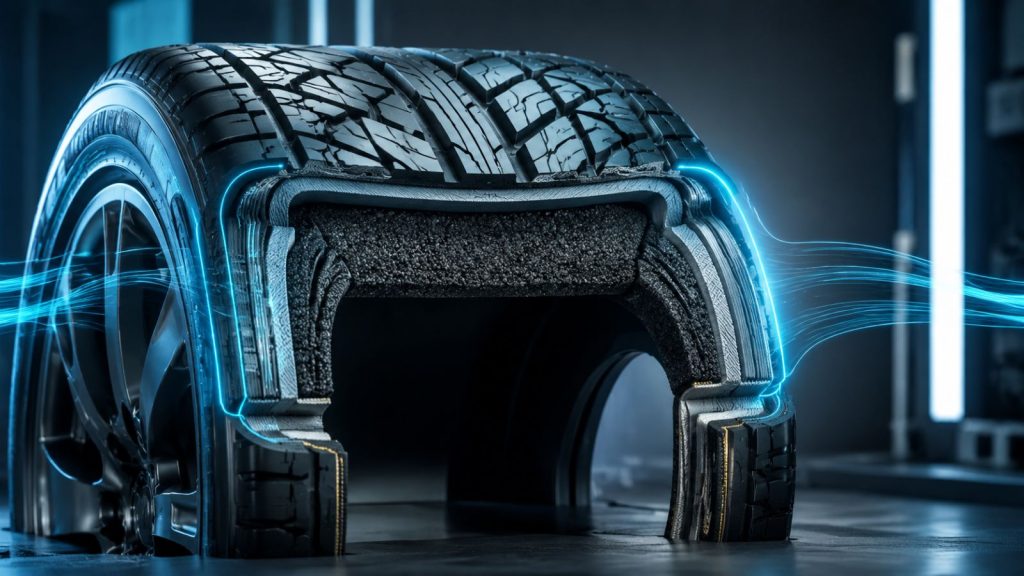 A 3D cross-section view of an EV-specific T-spec performance tire, highlighting the interior layer of acoustic polyurethane foam and the reinforced sidewall structure designed for electric vehicle efficiency.