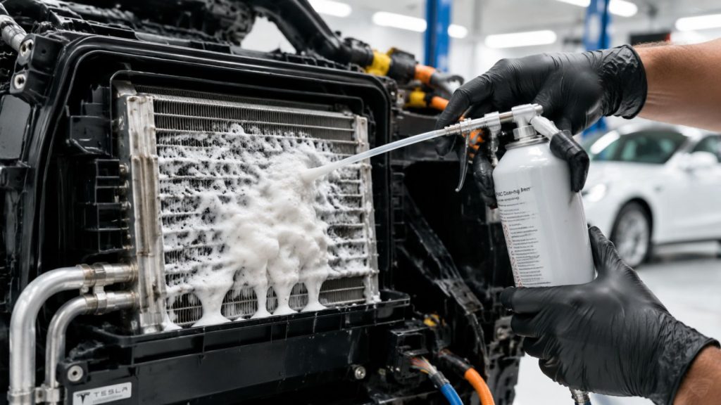 Automotive technician injecting professional-grade enzymatic foaming agent into a Tesla HVAC system to eliminate evaporator biofilm and musty odors.