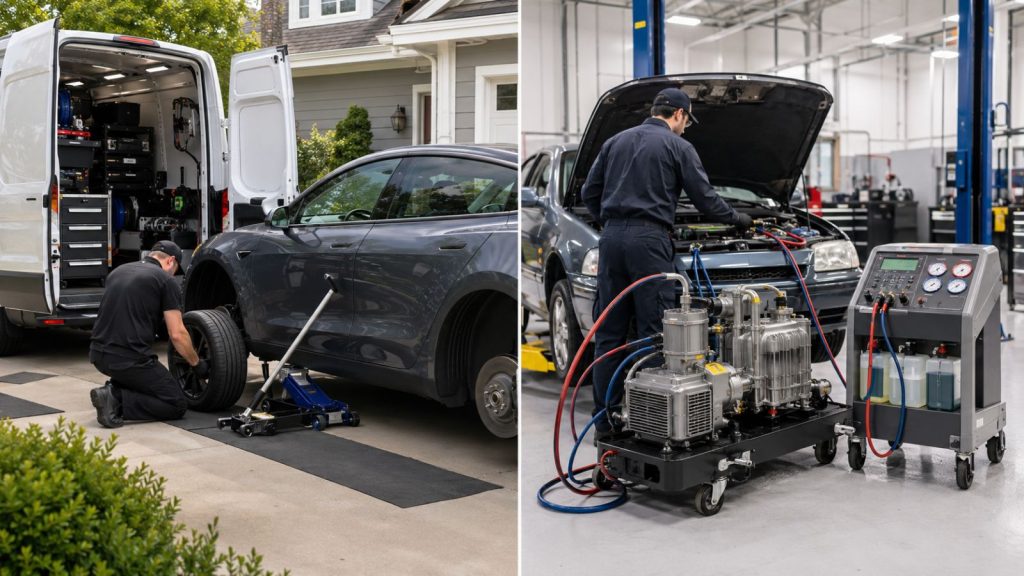 A side-by-side comparison of Tesla maintenance: a mobile service van performing a routine tire rotation on the left, contrasted with a professional technician using heavy-duty industrial equipment for a deep-system A/C flush inside a specialized repair shop on the right.