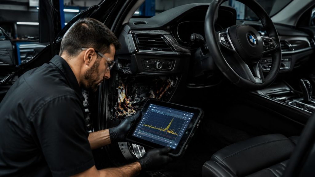 Professional automotive technician performing a precision diagnostic test on a Tesla dashboard to identify battery vampire drain issues at Tigard SUV and Auto.