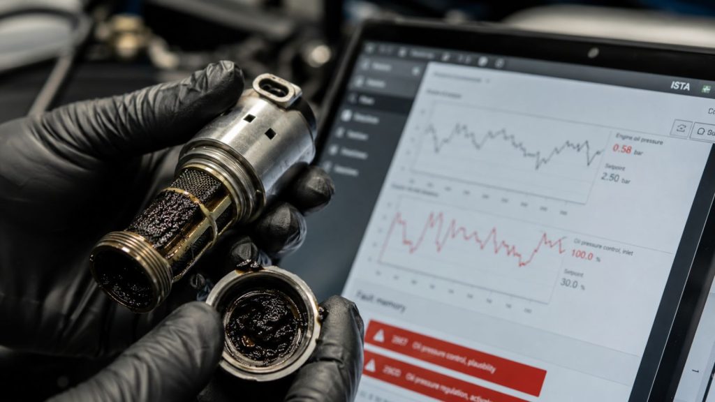 A close-up view of a technician holding a BMW variable oil pump control solenoid clogged with heat carbon deposits and sludge, with an ISTA diagnostic tablet displaying pressure warning graphs.