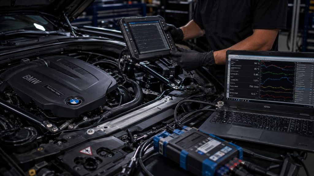 A technician is performing a pre-trip inspection on a BMW engine to ensure road trip reliability.