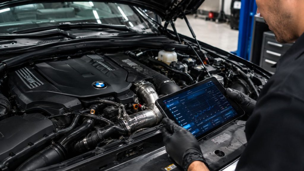 A technician is performing a diagnostic inspection on a BMW turbocharger system.