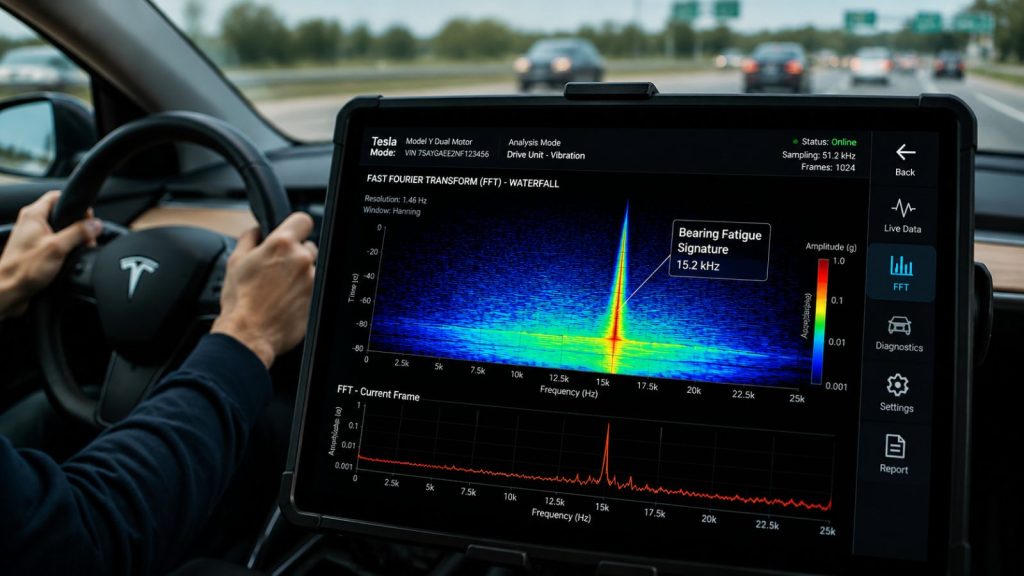 A diagnostic tablet screen mounted inside a Tesla Model Y showing a high-frequency FFT waterfall visualization of a drive unit bearing fatigue signature while driving.