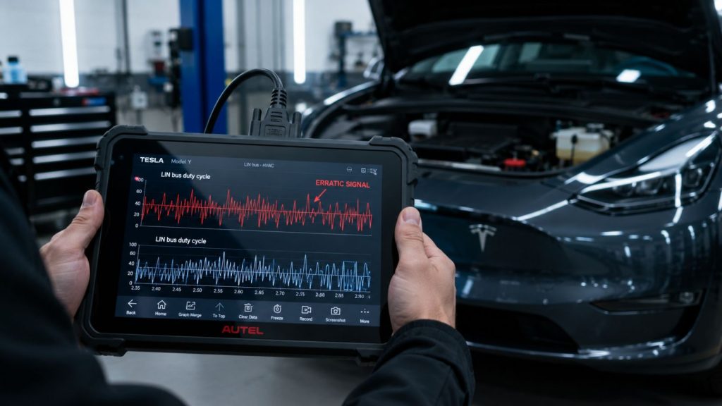 A close-up view of a technician's hands holding a digital diagnostic tablet displaying complex waveform graphs and electrical current data.