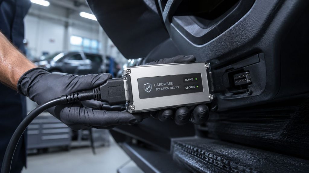 A mechanic installing a hardware network isolation device onto a Tesla diagnostic port, ensuring vehicle data privacy during a professional repair scan.