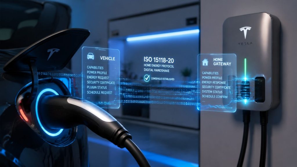 A high-tech close-up of a Tesla charging cable connected to a home gateway interface in a modern garage, displaying a translucent holographic overlay of binary code and data streams representing the ISO 15118-20 bidirectional handshake protocol.